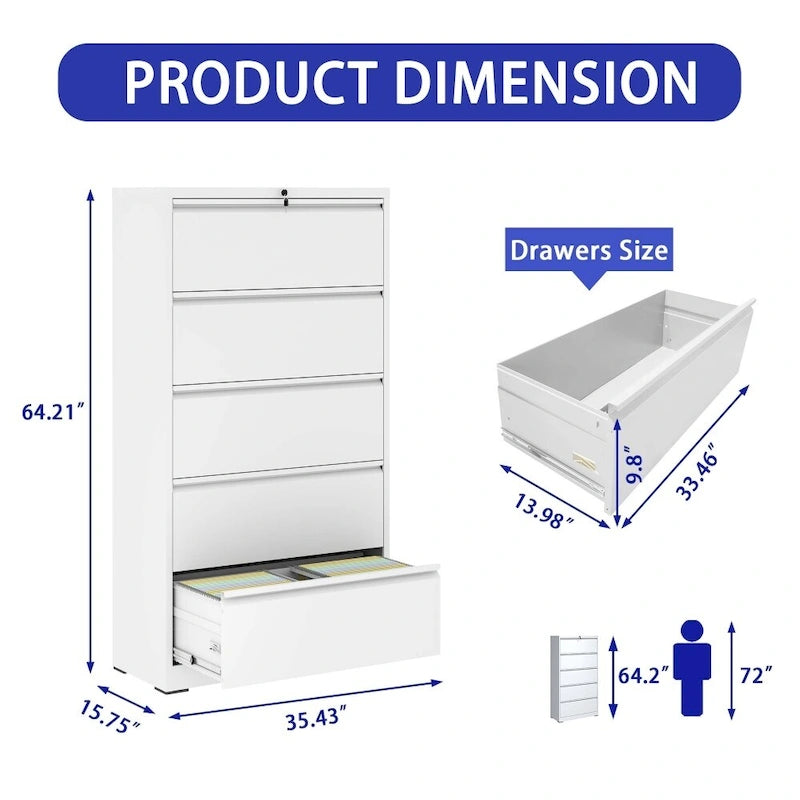 Lateral File Cabinet with Lock - Black/White, 5-Drawer