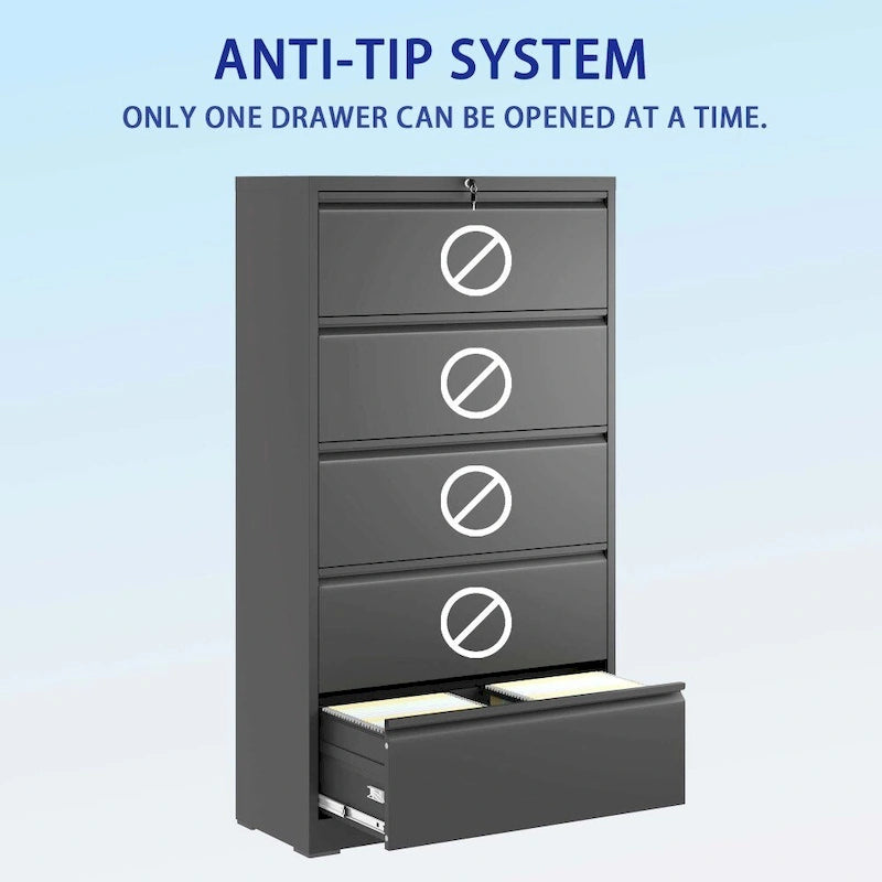 Lateral File Cabinet with Lock - Black/White, 5-Drawer