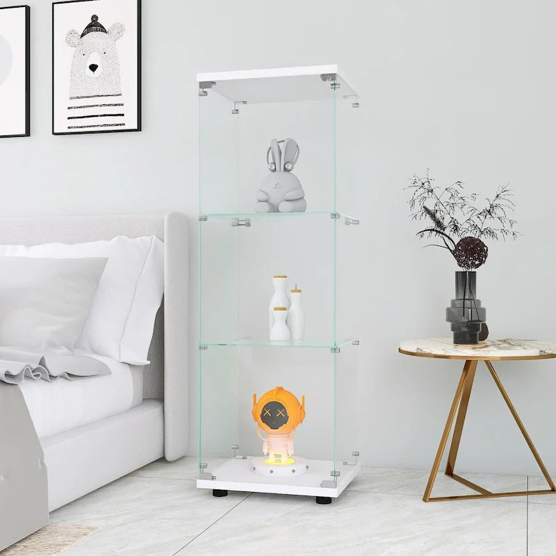 Glass Display Cabinet with 3 Shelves, One-Door Curio Cabinets, White Floor Standing Glass Bookshelf, Quick Installation