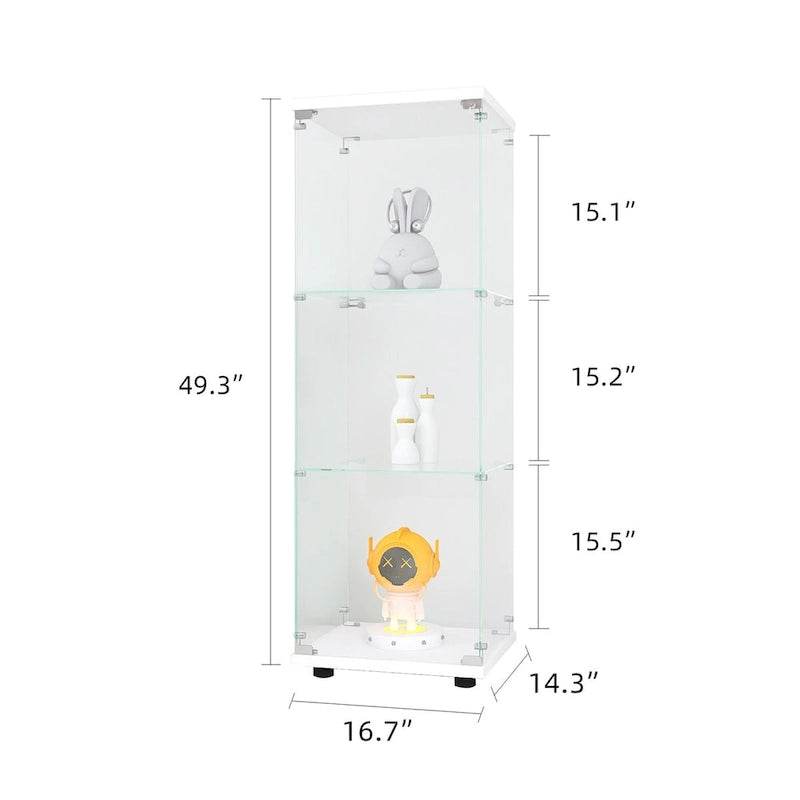 Glass Display Cabinet with 3 Shelves, One-Door Curio Cabinets, White Floor Standing Glass Bookshelf, Quick Installation