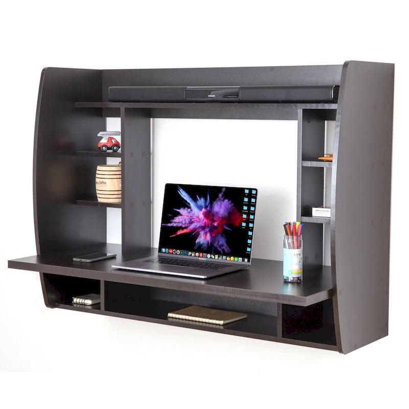 Versatile Wall Mount Floating Computer Desk - Stylish and Space-Saving Writing Study Table with Shelves - Ideal for Living Room