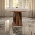 Cid Xeu 54 Inch Dining Table, Round Walnut Veneer, Slatted Pedestal Base