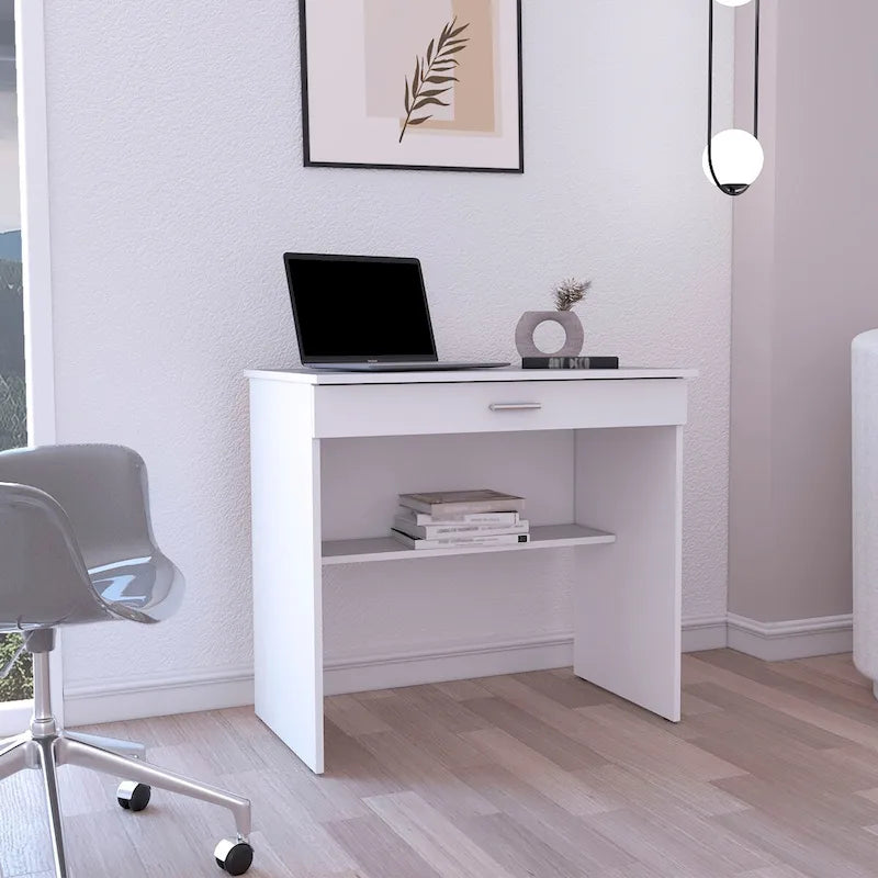 Compact Writing Desk with Drawer - White, Single User