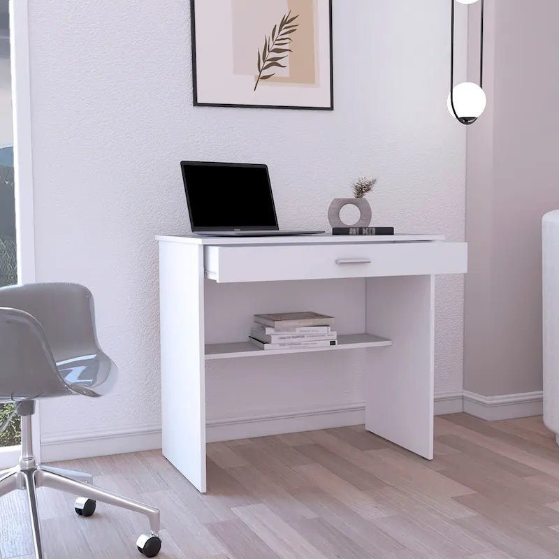Compact Writing Desk with Drawer - White, Single User