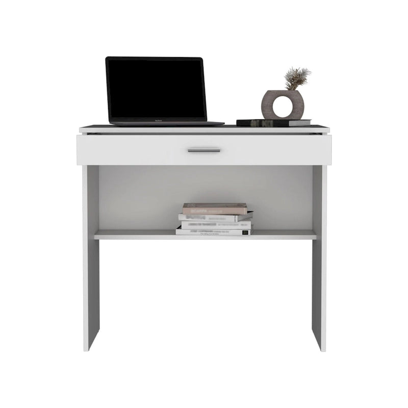 Compact Writing Desk with Drawer - White, Single User