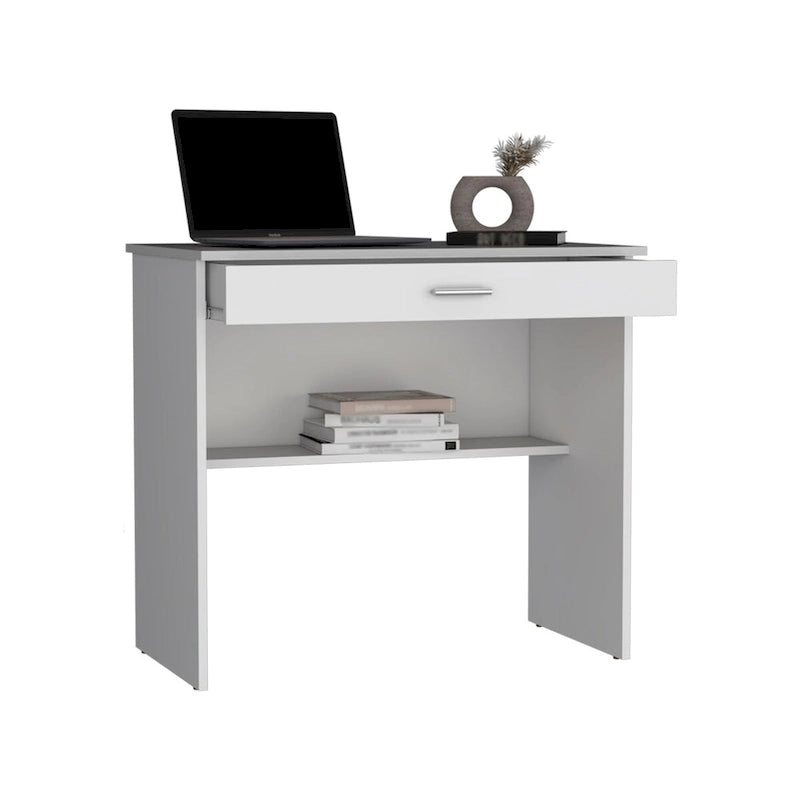 Compact Writing Desk with Drawer - White, Single User