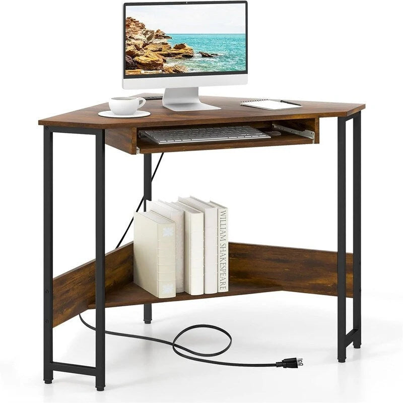 Triangle Corner Desk with Power Outlets - Rustic Brown