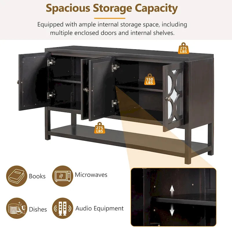Elegant Retro Console Table/Storage Cabinet/Sideboard with Mirrored Doors, Spacious Shelves, and Durable Acacia Wood Legs