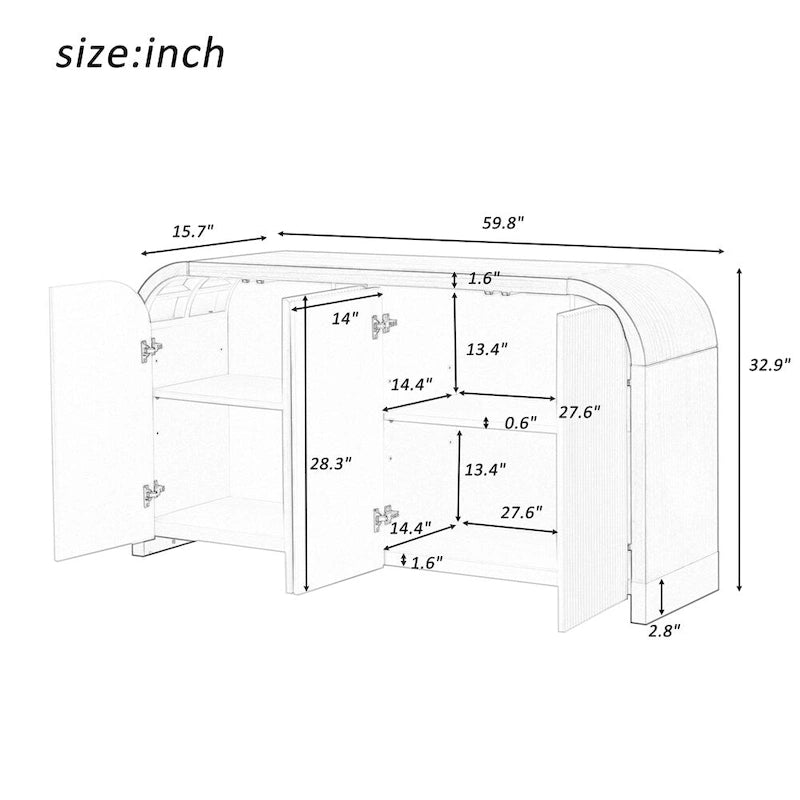 Wood Curved Corner Cabinet with Adjustable Shelves and 4 Door